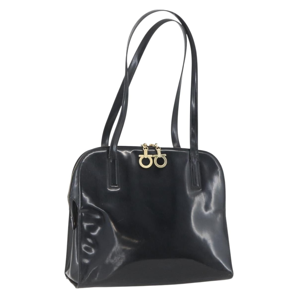 Salvatore Ferragamo Gancini Tote Bag Enamel Black Gold Auth BA8222