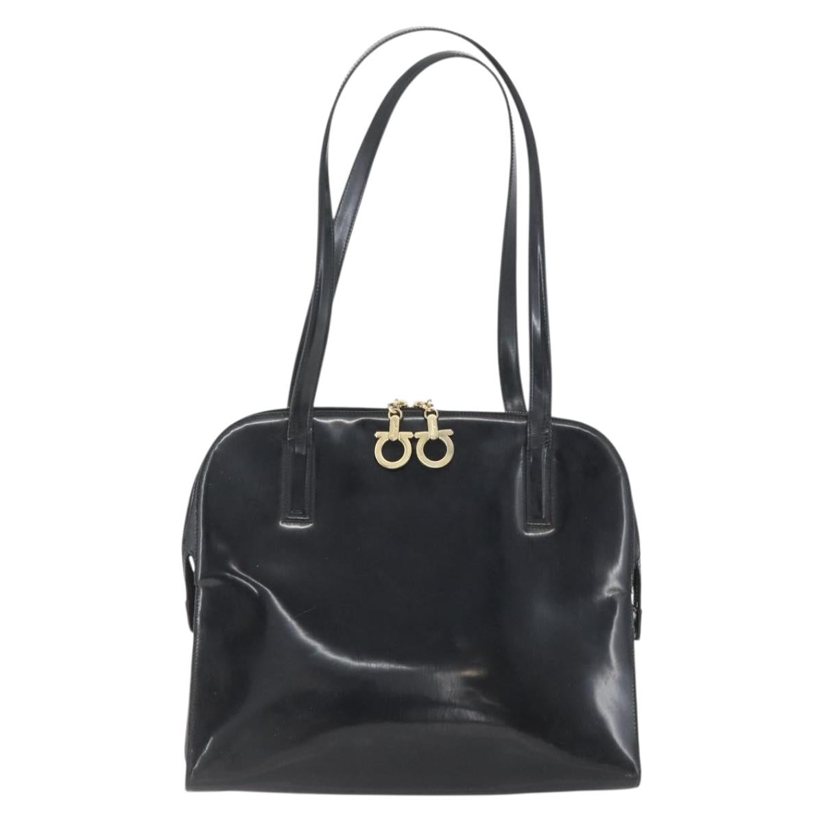 Salvatore Ferragamo Gancini Tote Bag Enamel Black Gold Auth BA8222