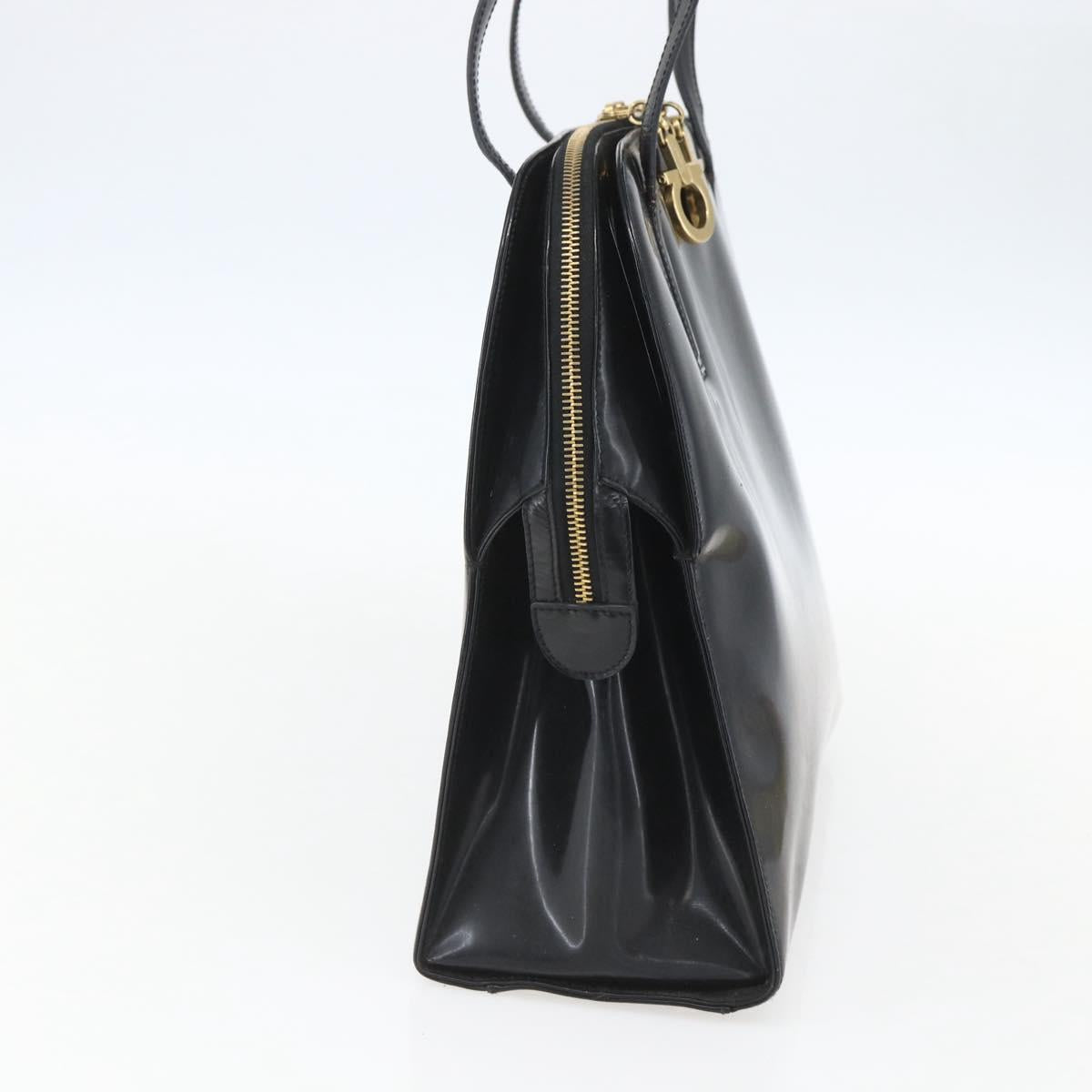 Salvatore Ferragamo Gancini Tote Bag Enamel Black Gold Auth BA8222