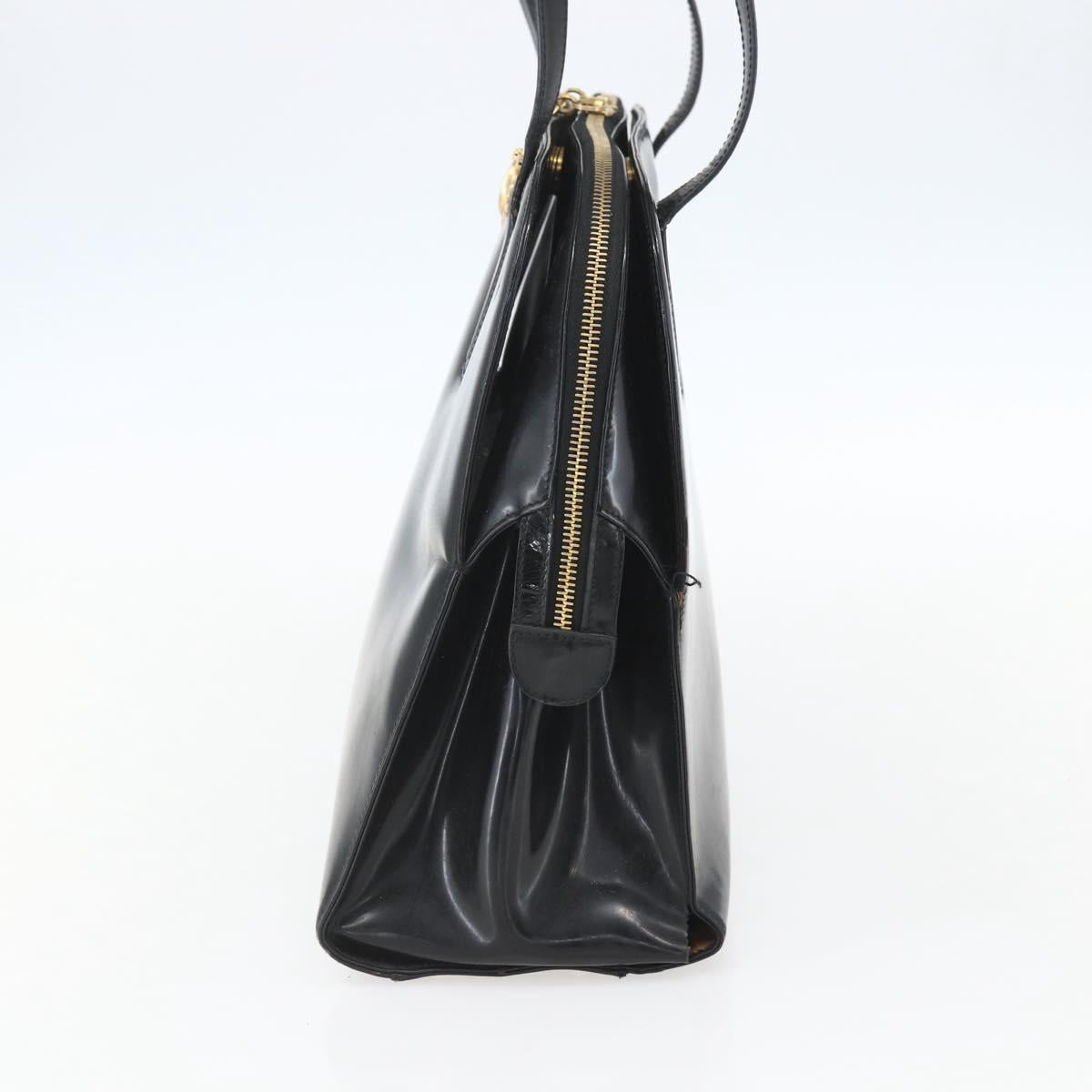 Salvatore Ferragamo Gancini Tote Bag Enamel Black Gold Auth BA8222