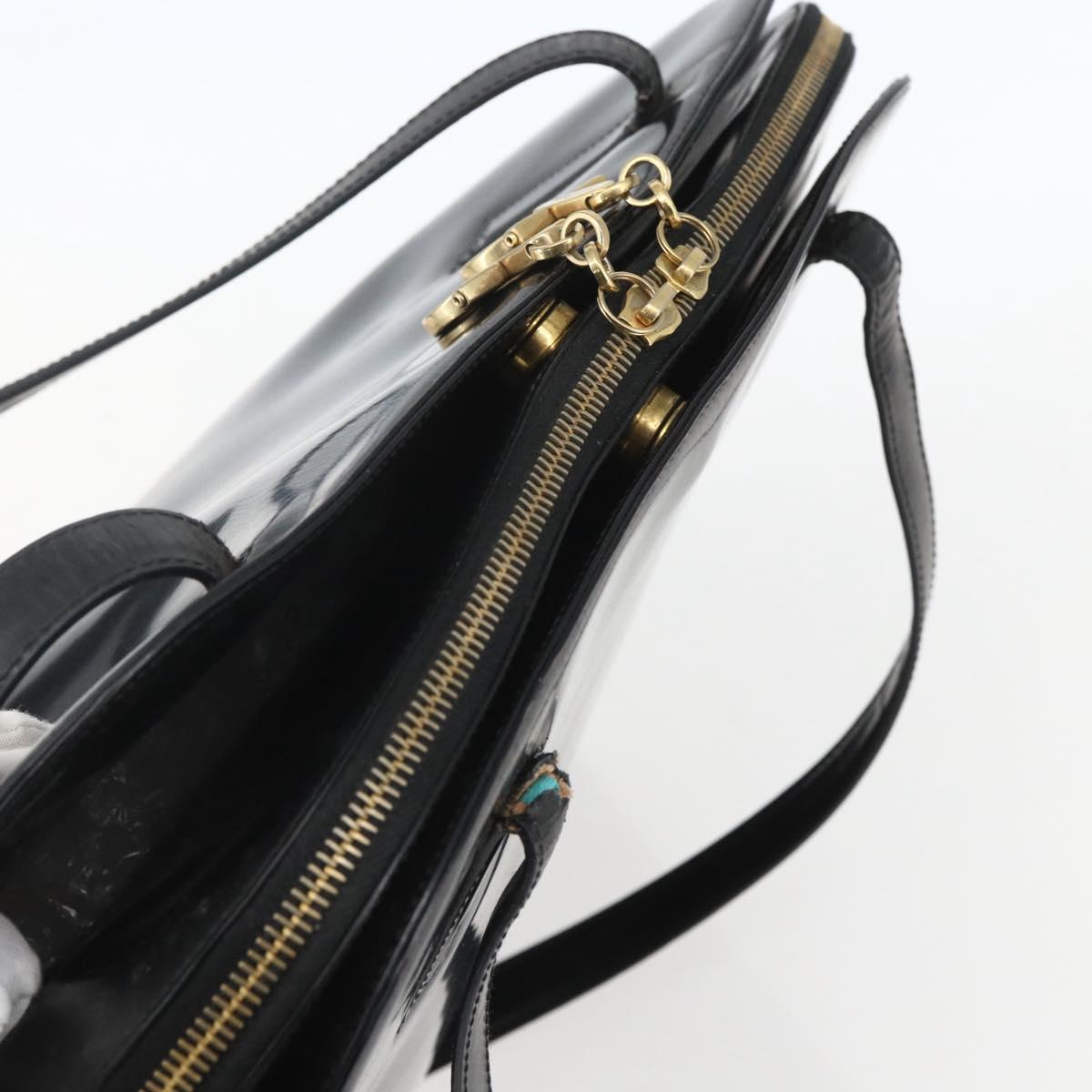 Salvatore Ferragamo Gancini Tote Bag Enamel Black Gold Auth BA8222