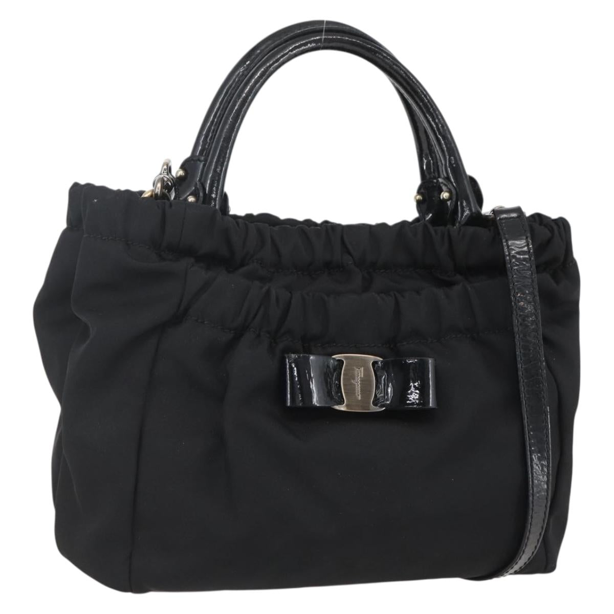 Salvatore Ferragamo Hand Bag Nylon Enamel 2way Black Auth BA8225