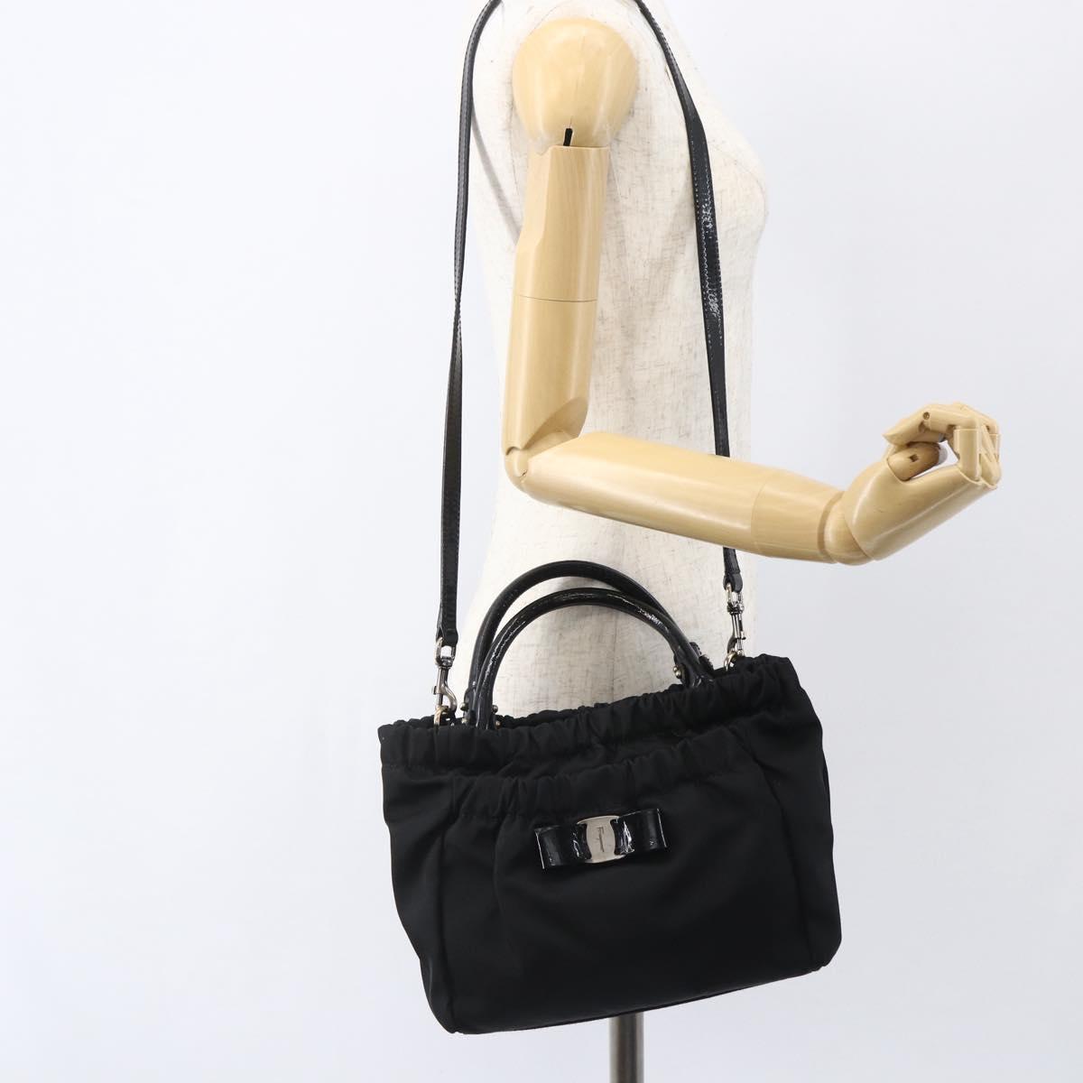 Salvatore Ferragamo Hand Bag Nylon Enamel 2way Black Auth BA8225