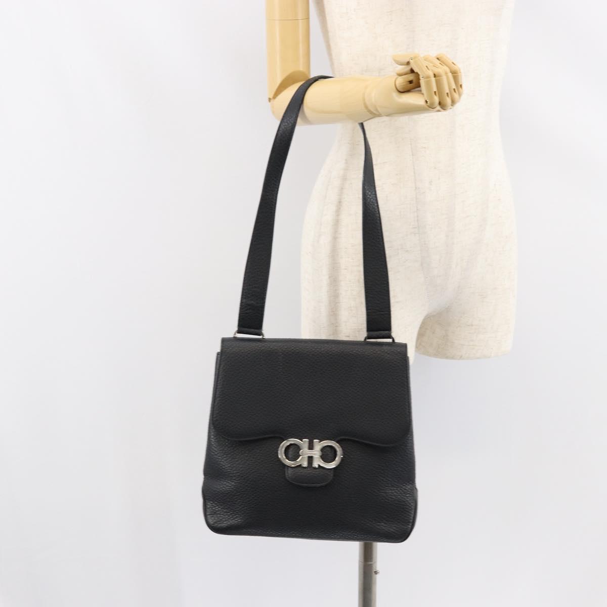 Salvatore Ferragamo Gancini Shoulder Bag Leather Black Silver Auth BA8229