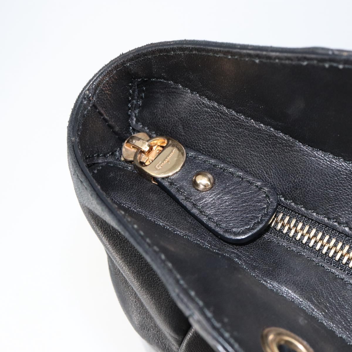 Salvatore Ferragamo Vala Tote Bag Enamel Leather Black Gold Auth BA8230