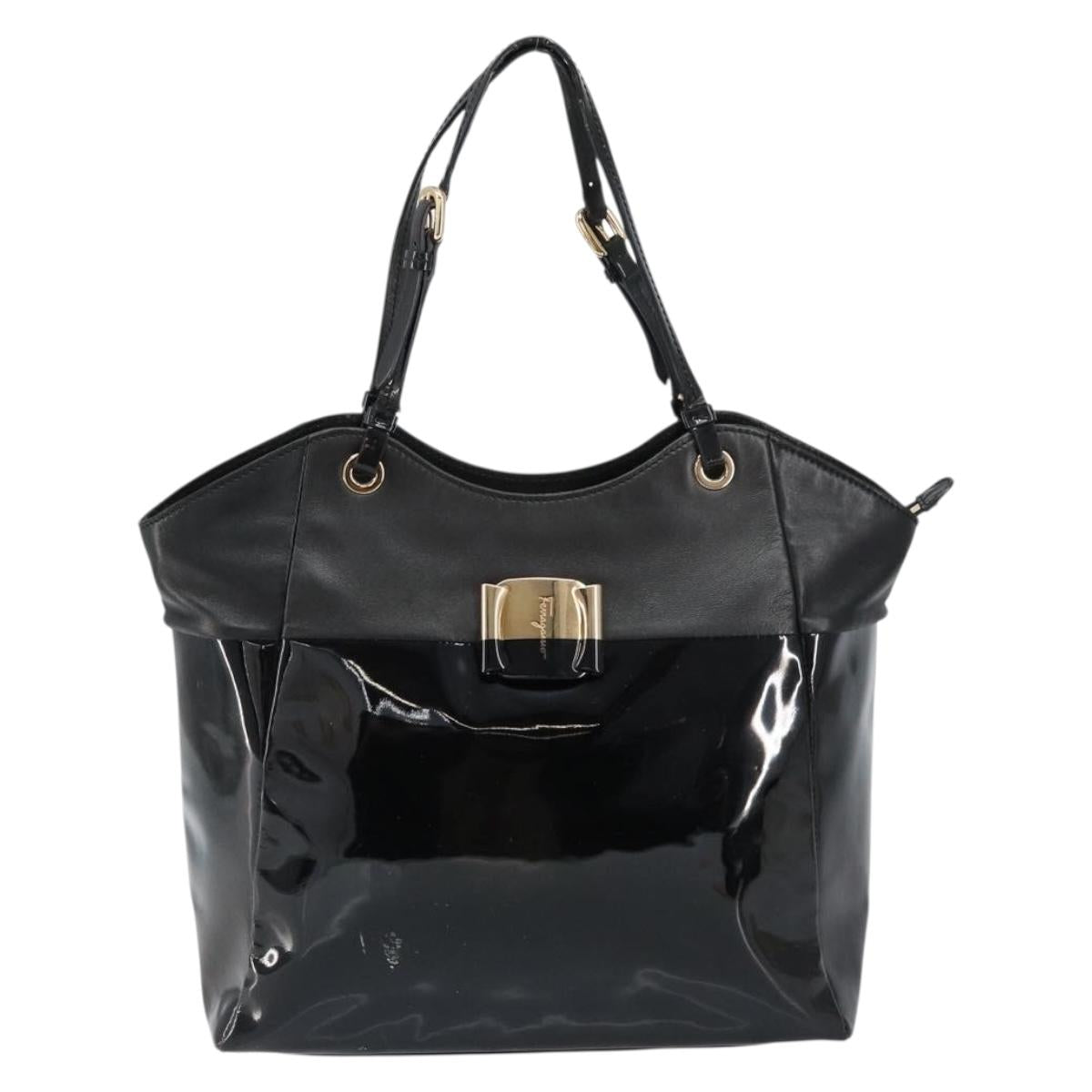 Salvatore Ferragamo Vala Tote Bag Enamel Leather Black Gold Auth BA8230