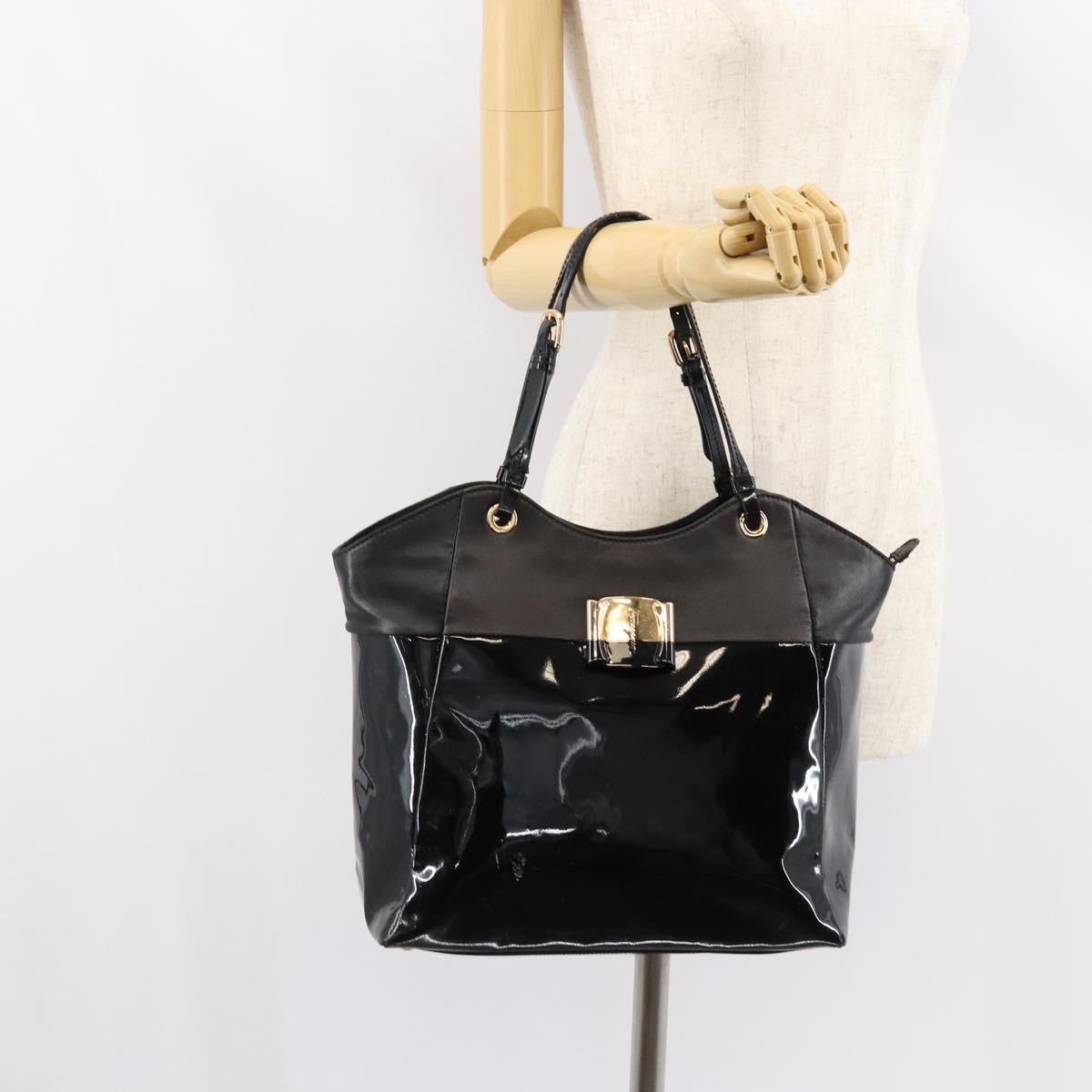 Salvatore Ferragamo Vala Tote Bag Enamel Leather Black Gold Auth BA8230