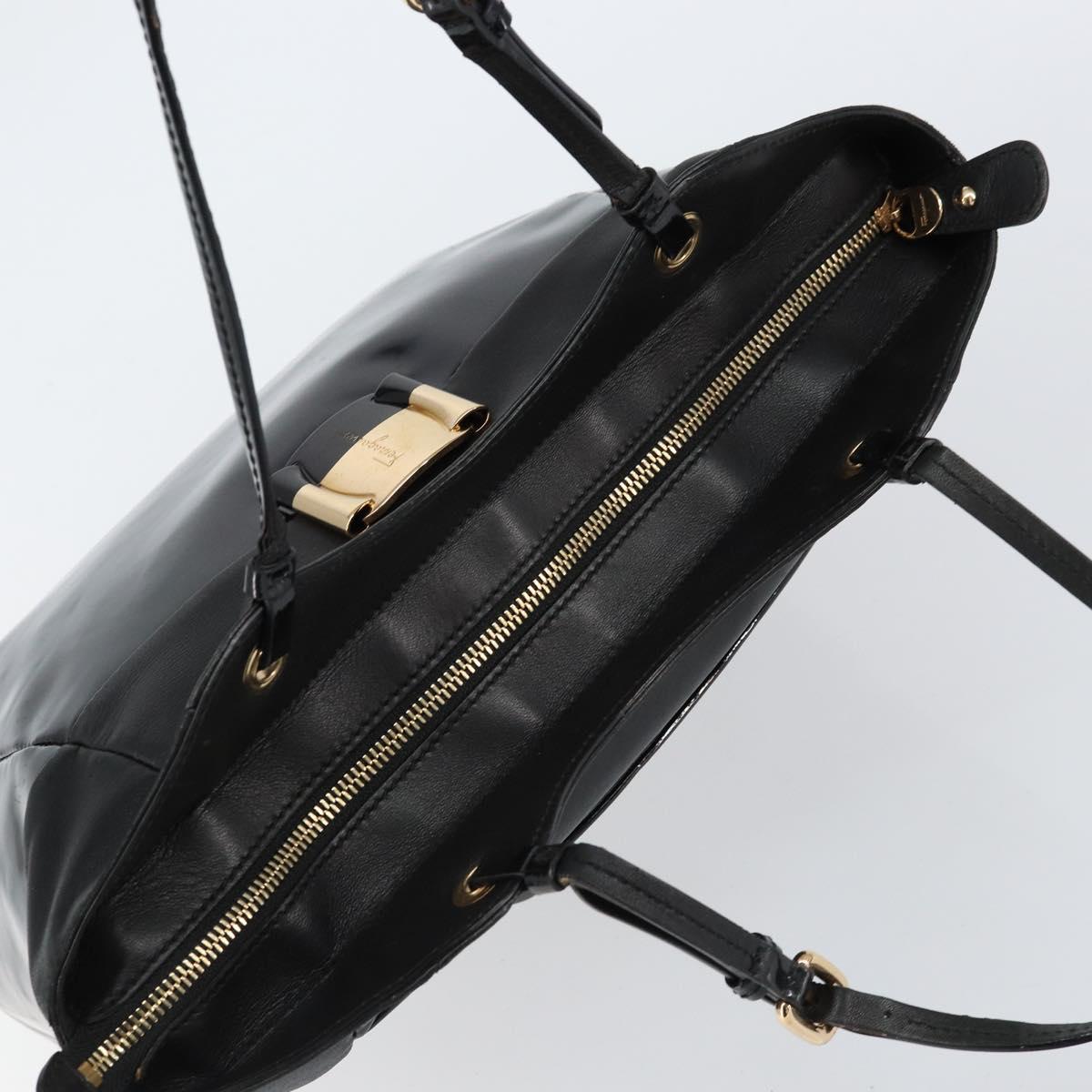 Salvatore Ferragamo Vala Tote Bag Enamel Leather Black Gold Auth BA8230