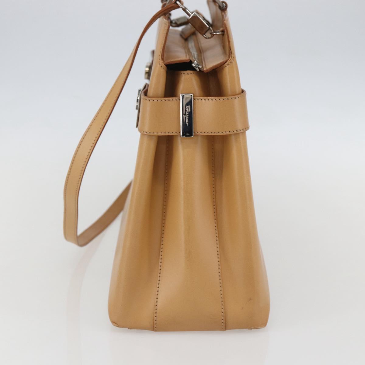 Salvatore Ferragamo Gancini Hand Bag Leather 2way Beige Silver Auth BA8232