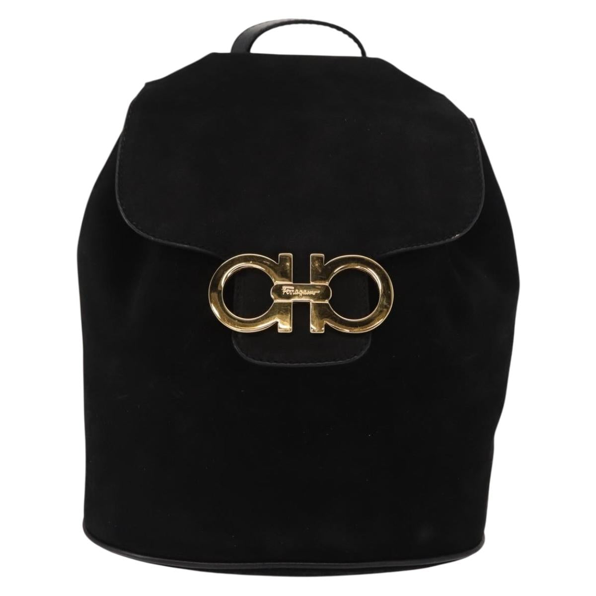 Salvatore Ferragamo Gancini Backpack Suede Black Gold Auth BA8233