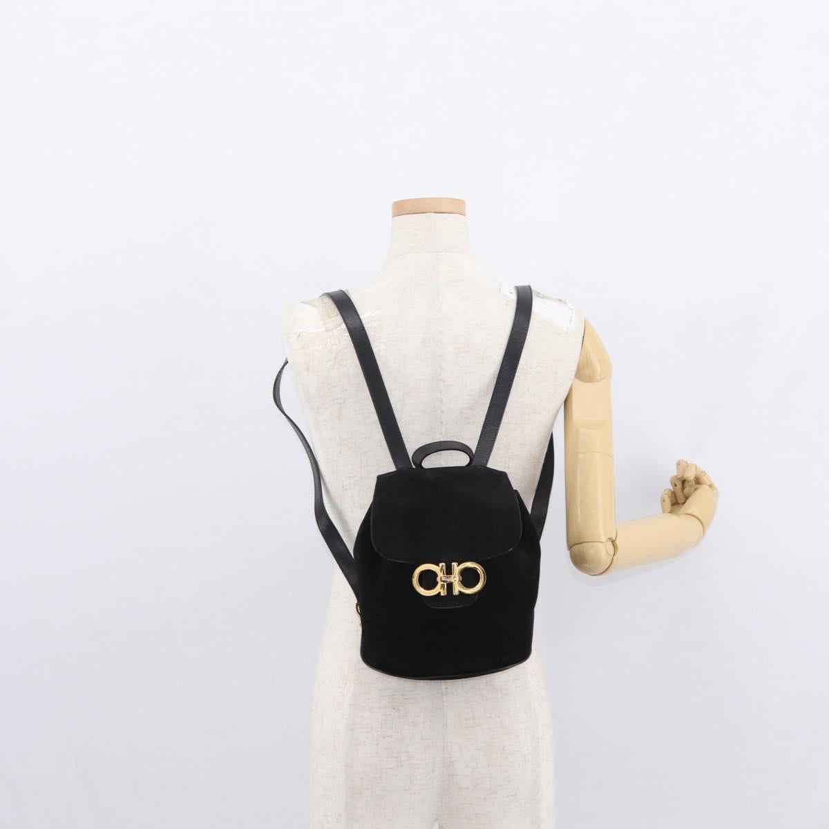 Salvatore Ferragamo Gancini Backpack Suede Black Gold Auth BA8233