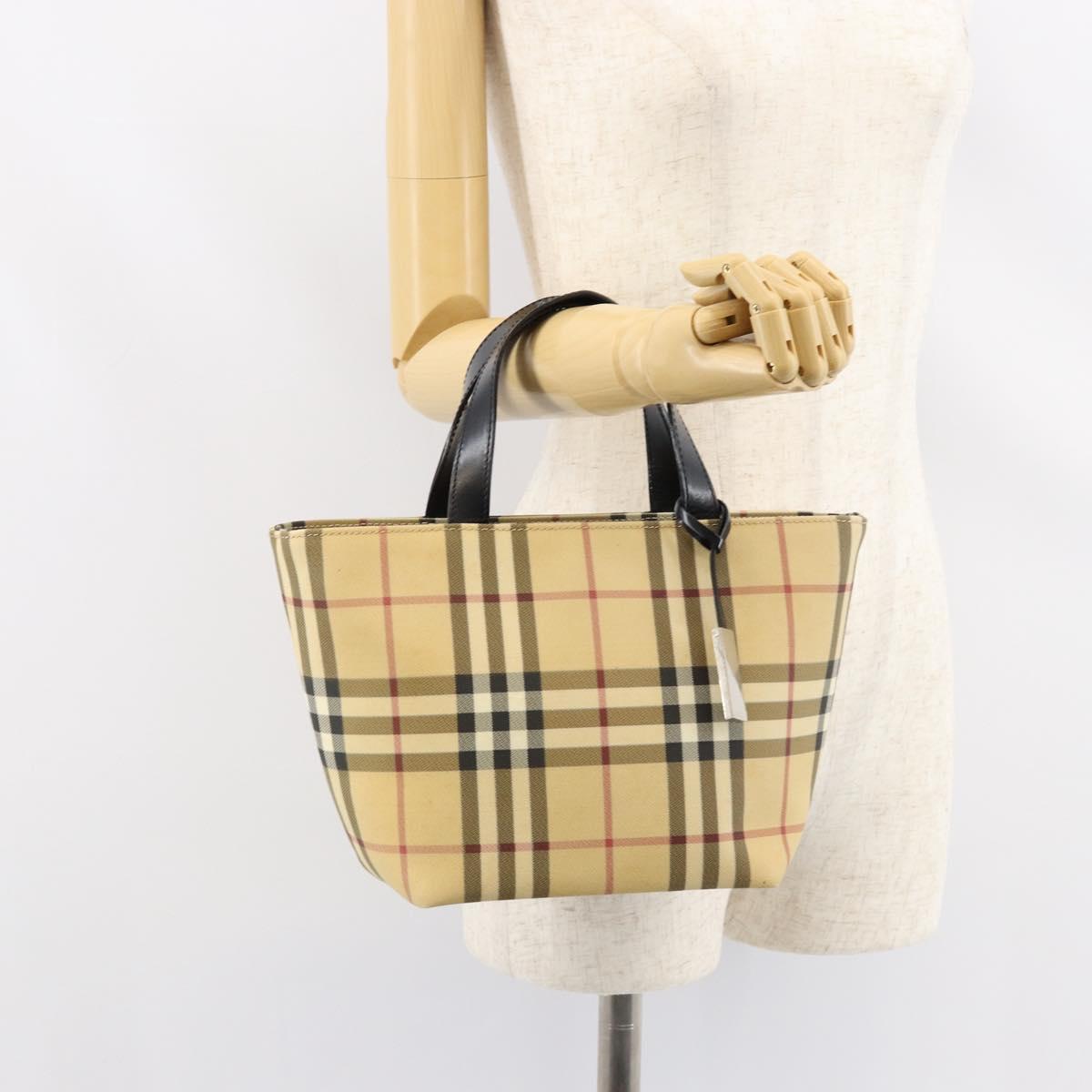 BURBERRY Nova Check Hand Bag PVC Beige Silver Auth BA8235