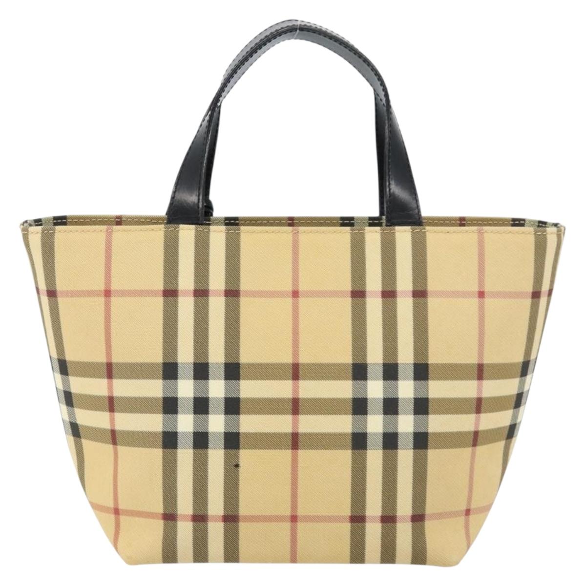 BURBERRY Nova Check Hand Bag PVC Beige Silver Auth BA8235