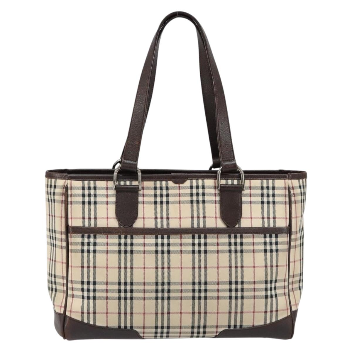 BURBERRY Nova Check Hand Bag Canvas Beige Silver Auth BA8237