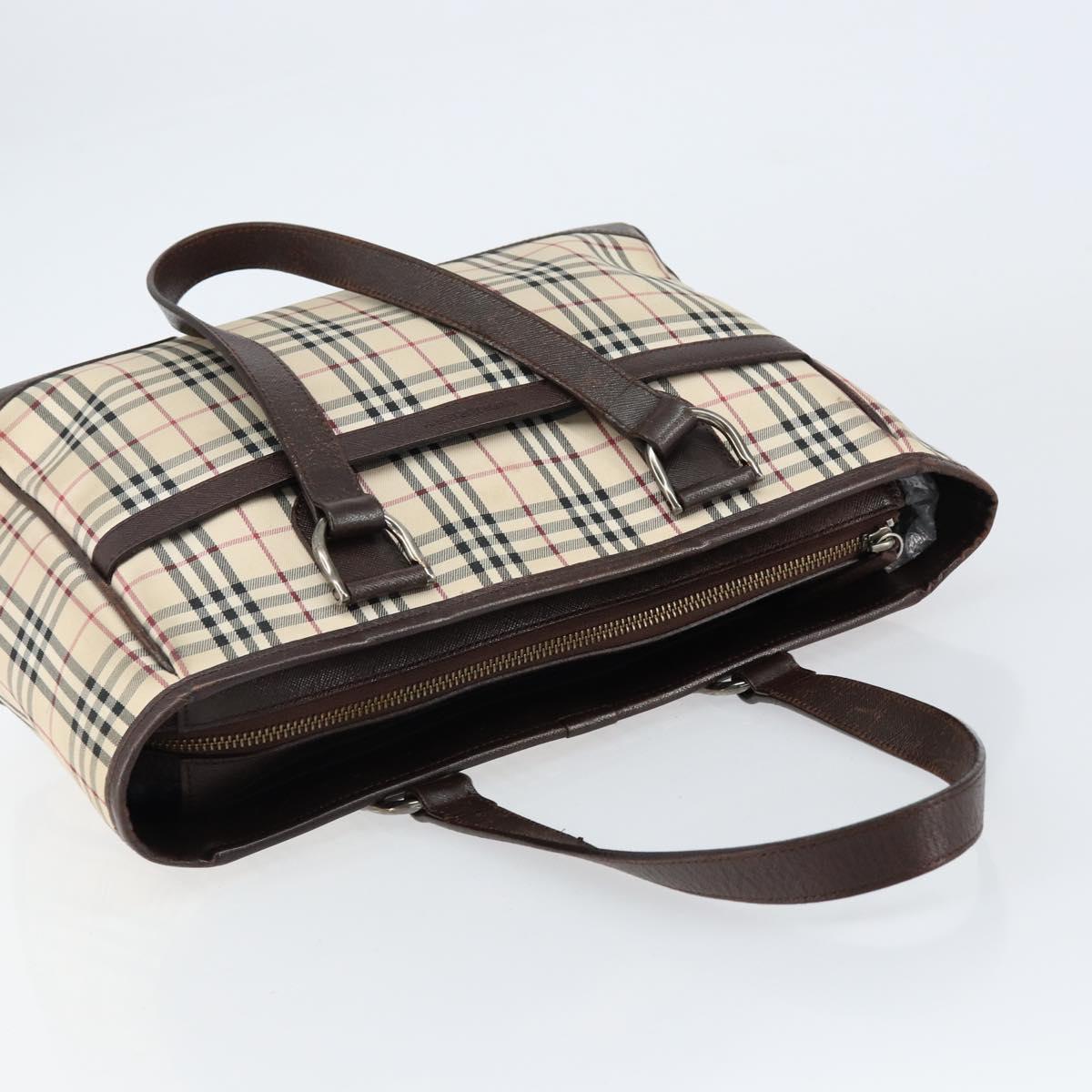 BURBERRY Nova Check Hand Bag Canvas Beige Silver Auth BA8237