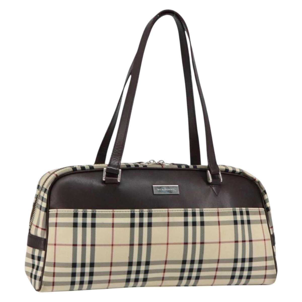 BURBERRY Nova Check Tote Bag Nylon Beige Silver Auth BA8238