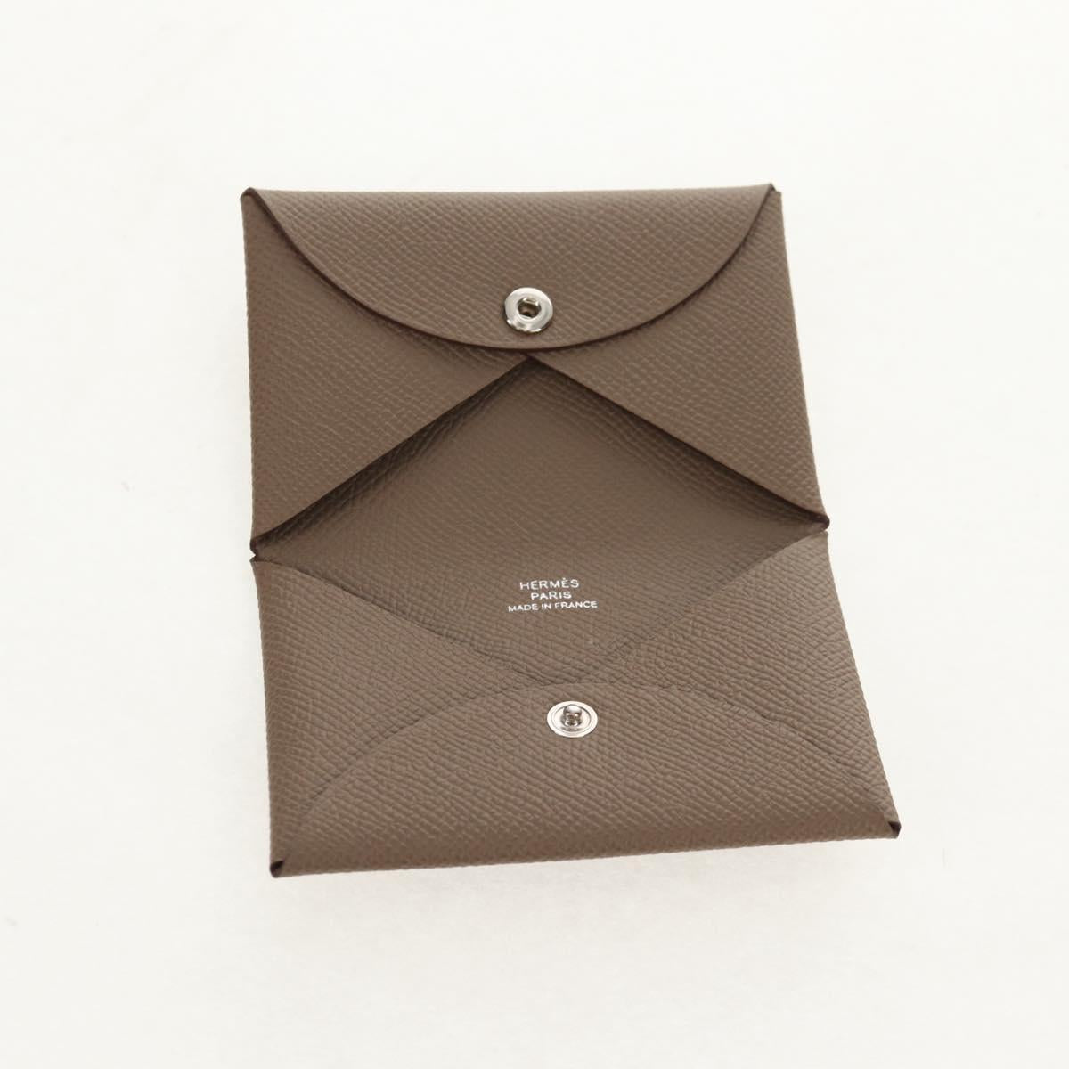 HERMES Calvi Coin Purse Leather Beige Silver Auth BA8241M