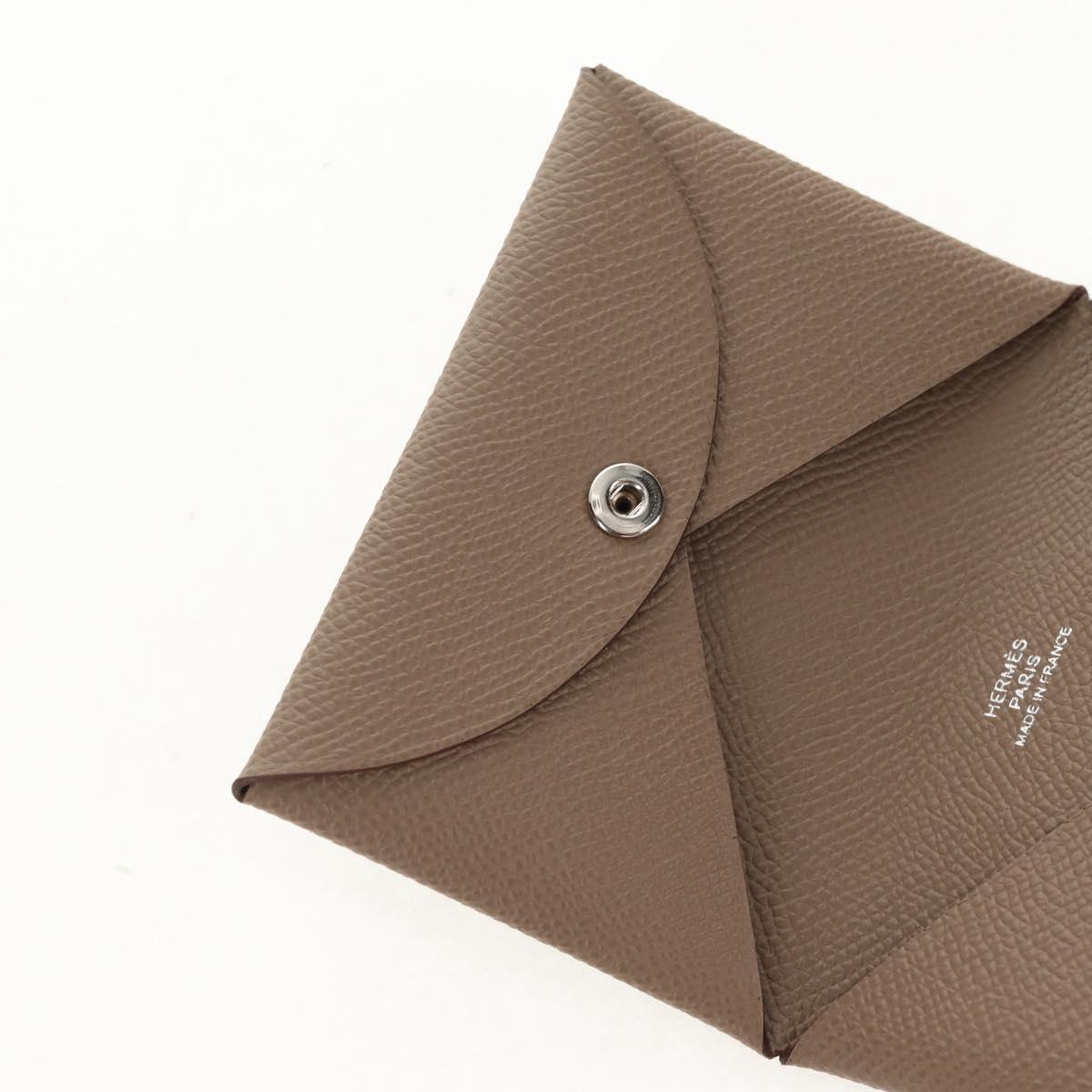 HERMES Calvi Coin Purse Leather Beige Silver Auth BA8241M