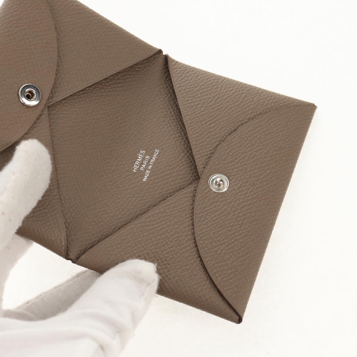 HERMES Calvi Coin Purse Leather Beige Silver Auth BA8243M