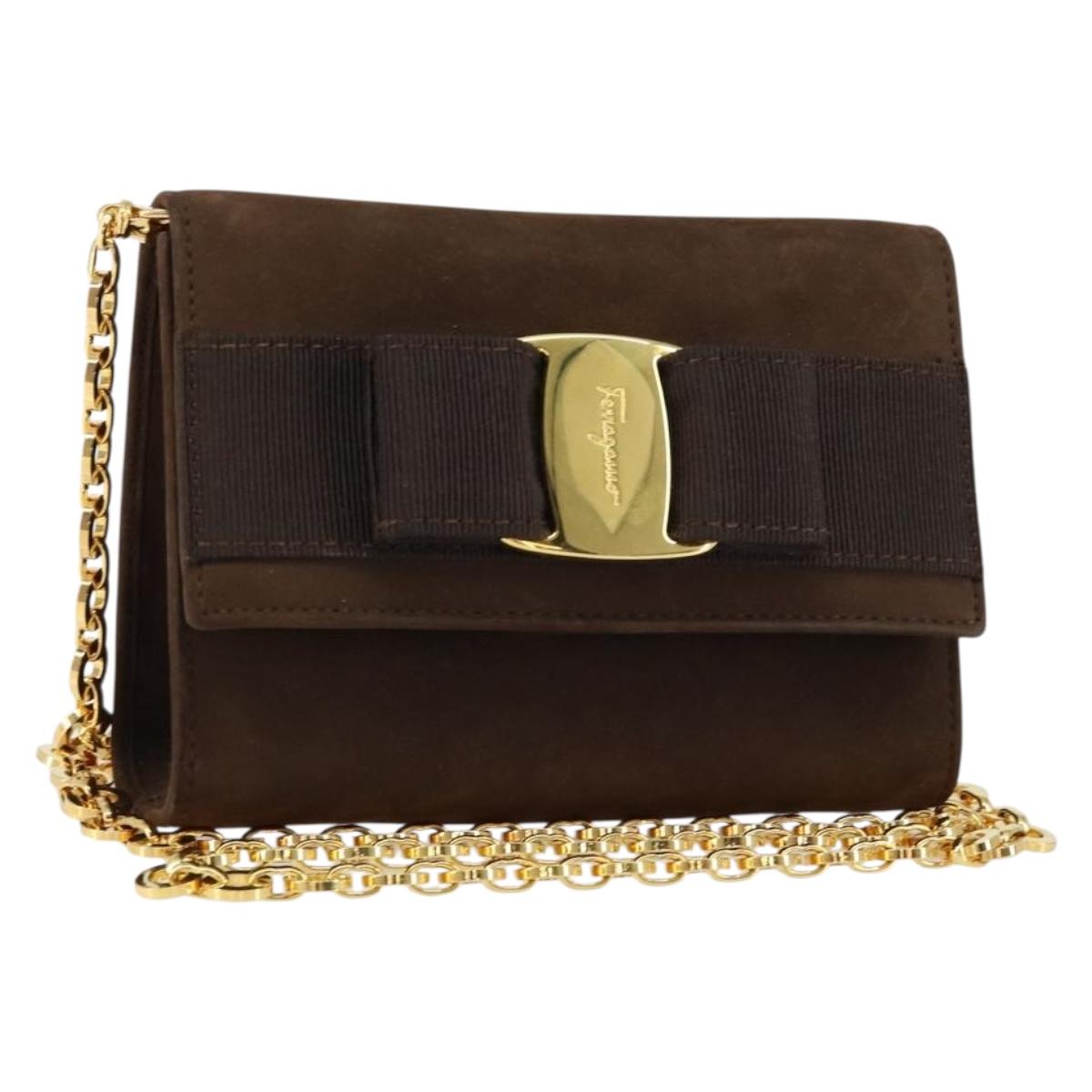 Salvatore Ferragamo Vala Chain Shoulder Bag Suede Brown Gold Auth BA8244