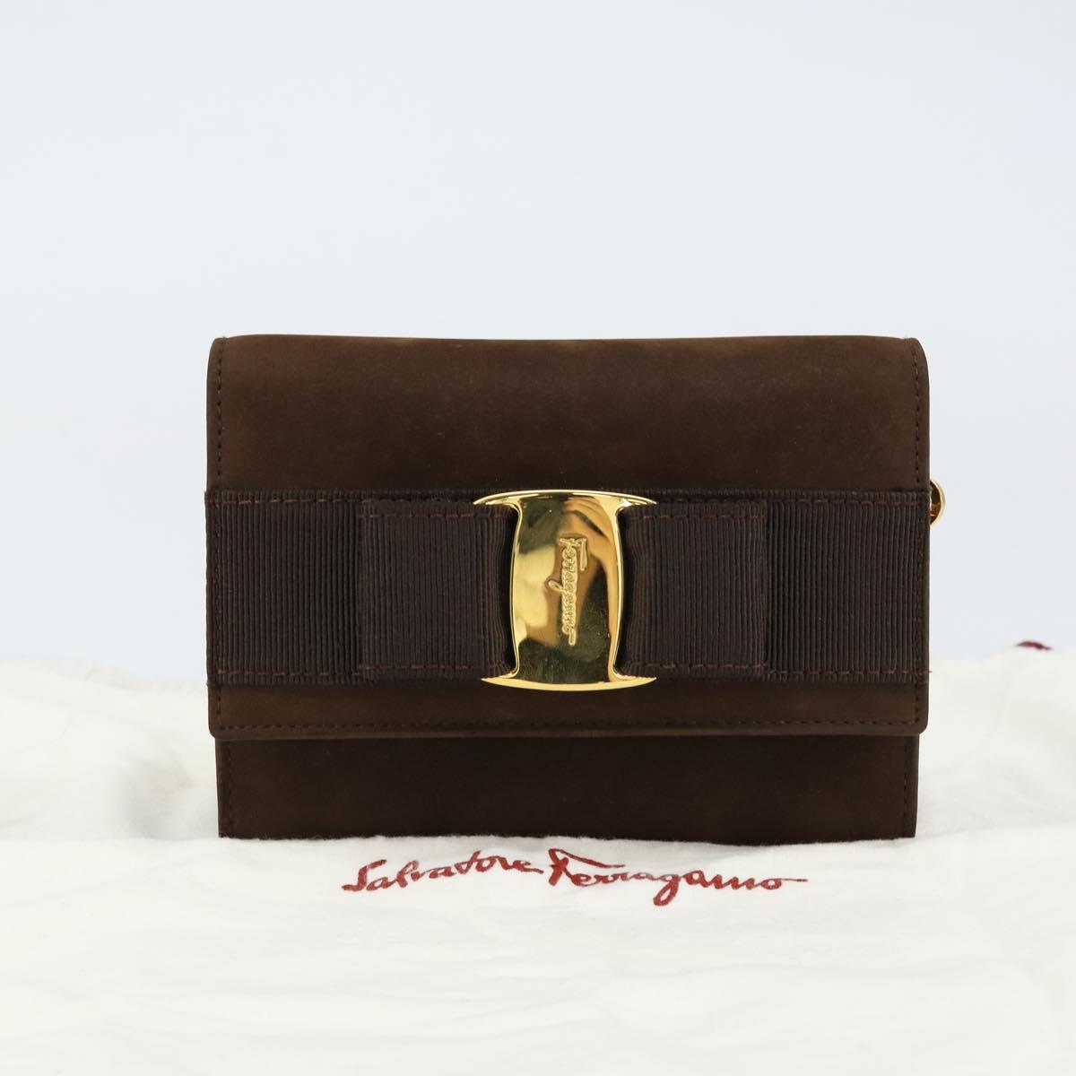Salvatore Ferragamo Vala Chain Shoulder Bag Suede Brown Gold Auth BA8244