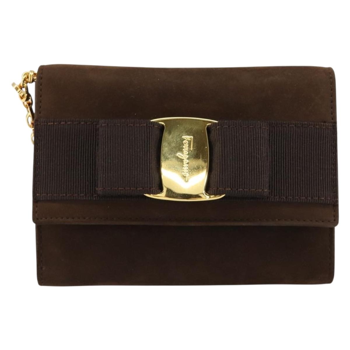 Salvatore Ferragamo Vala Chain Shoulder Bag Suede Brown Gold Auth BA8244