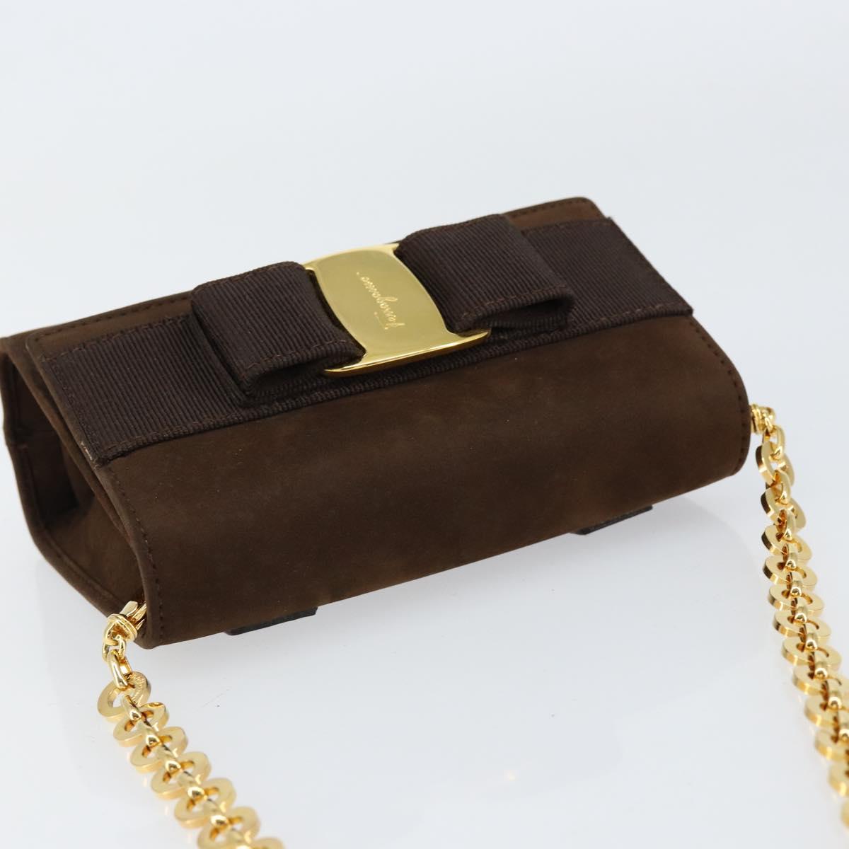 Salvatore Ferragamo Vala Chain Shoulder Bag Suede Brown Gold Auth BA8244