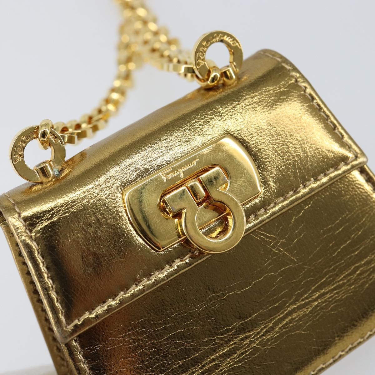 Salvatore Ferragamo Gancini Micro Chain Shoulder Bag Leather Gold Auth BA8245