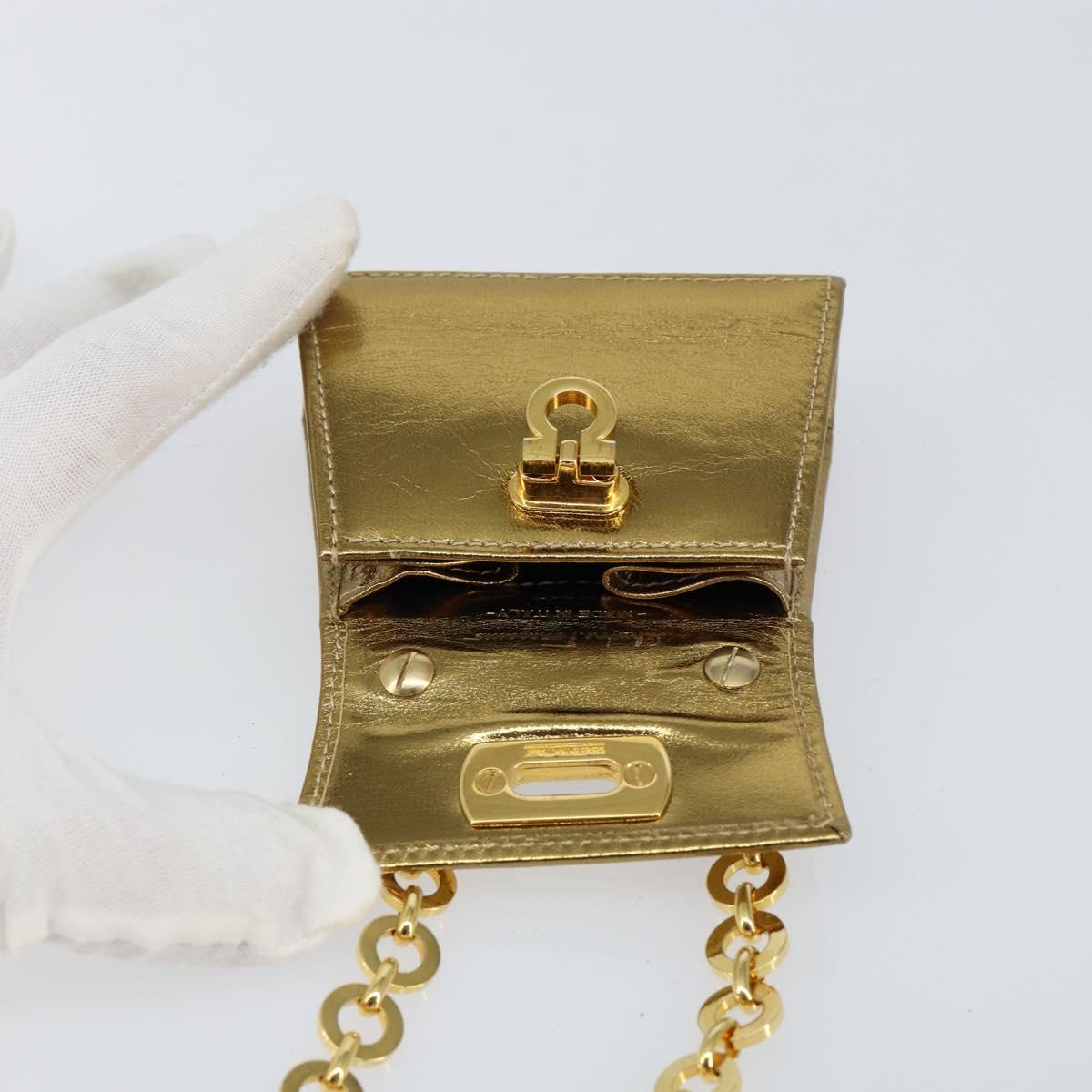 Salvatore Ferragamo Gancini Micro Chain Shoulder Bag Leather Gold Auth BA8245