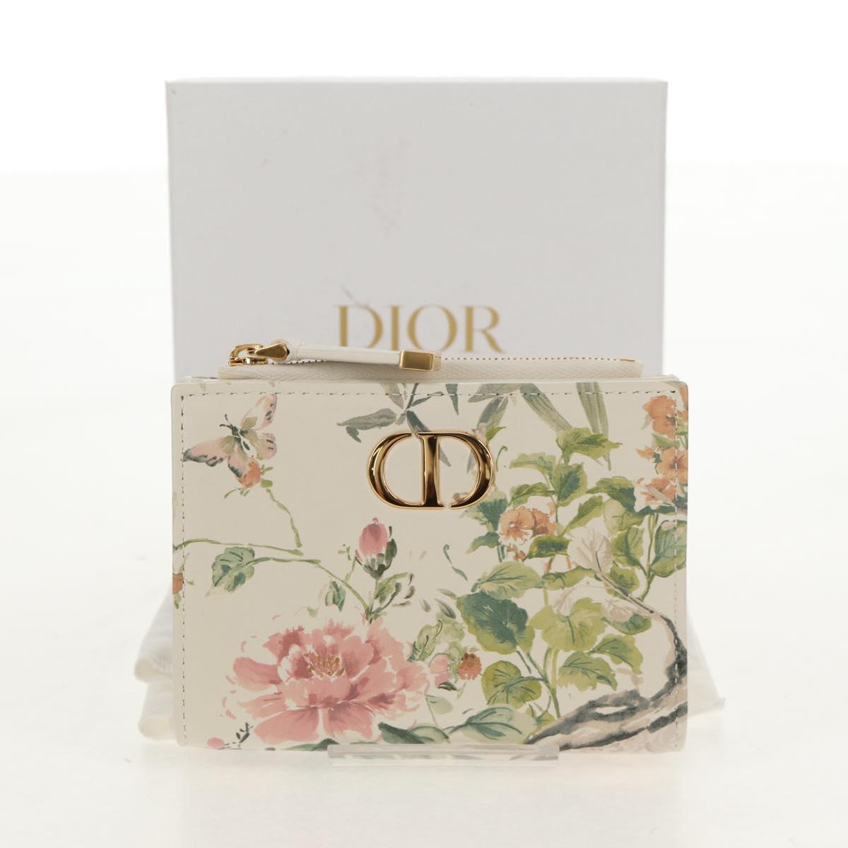 Christian Dior Caro Dahlia Bifold Wallet Leather White Gold Auth BA8247M