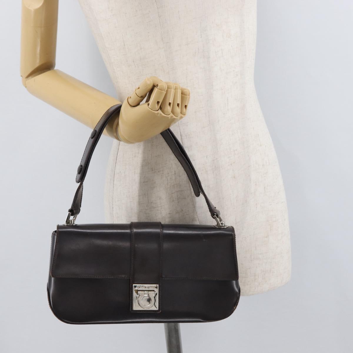 Salvatore Ferragamo Gancini Shoulder Bag Leather Dark Brown Auth BA825