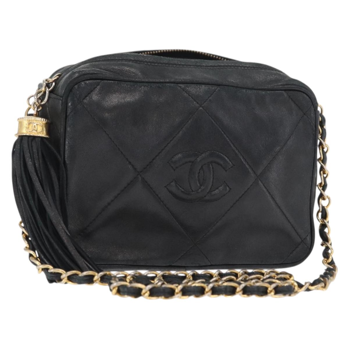 CHANEL Matelasse Chain Shoulder Bag Lamb Skin Black Gold CC Auth BA8251