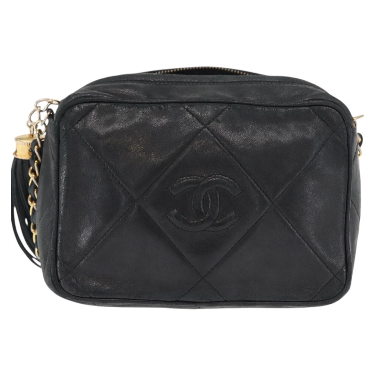 CHANEL Matelasse Chain Shoulder Bag Lamb Skin Black Gold CC Auth BA8251