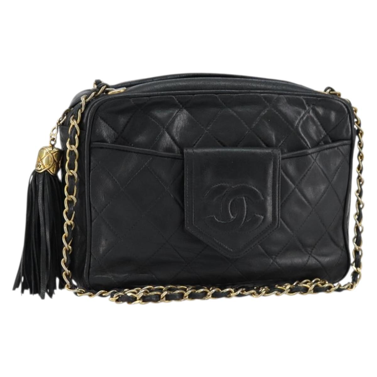 CHANEL Matelasse Chain Shoulder Bag Lamb Skin Black Gold CC Auth BA8252