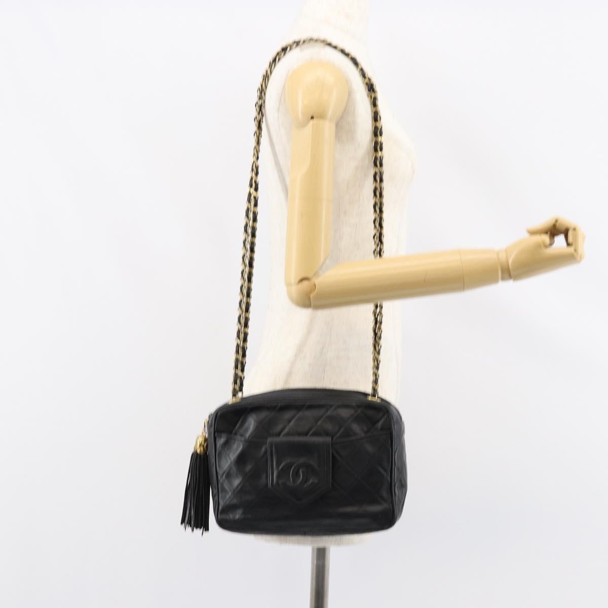 CHANEL Matelasse Chain Shoulder Bag Lamb Skin Black Gold CC Auth BA8252