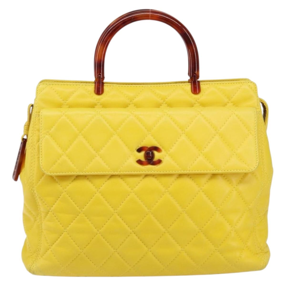 CHANEL Matelasse Hand Bag Lamb Skin Yellow CC Auth BA8254