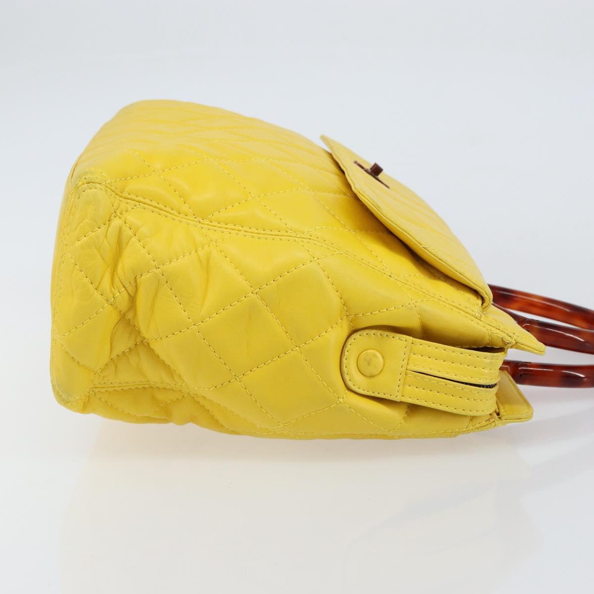 CHANEL Matelasse Hand Bag Lamb Skin Yellow CC Auth BA8254