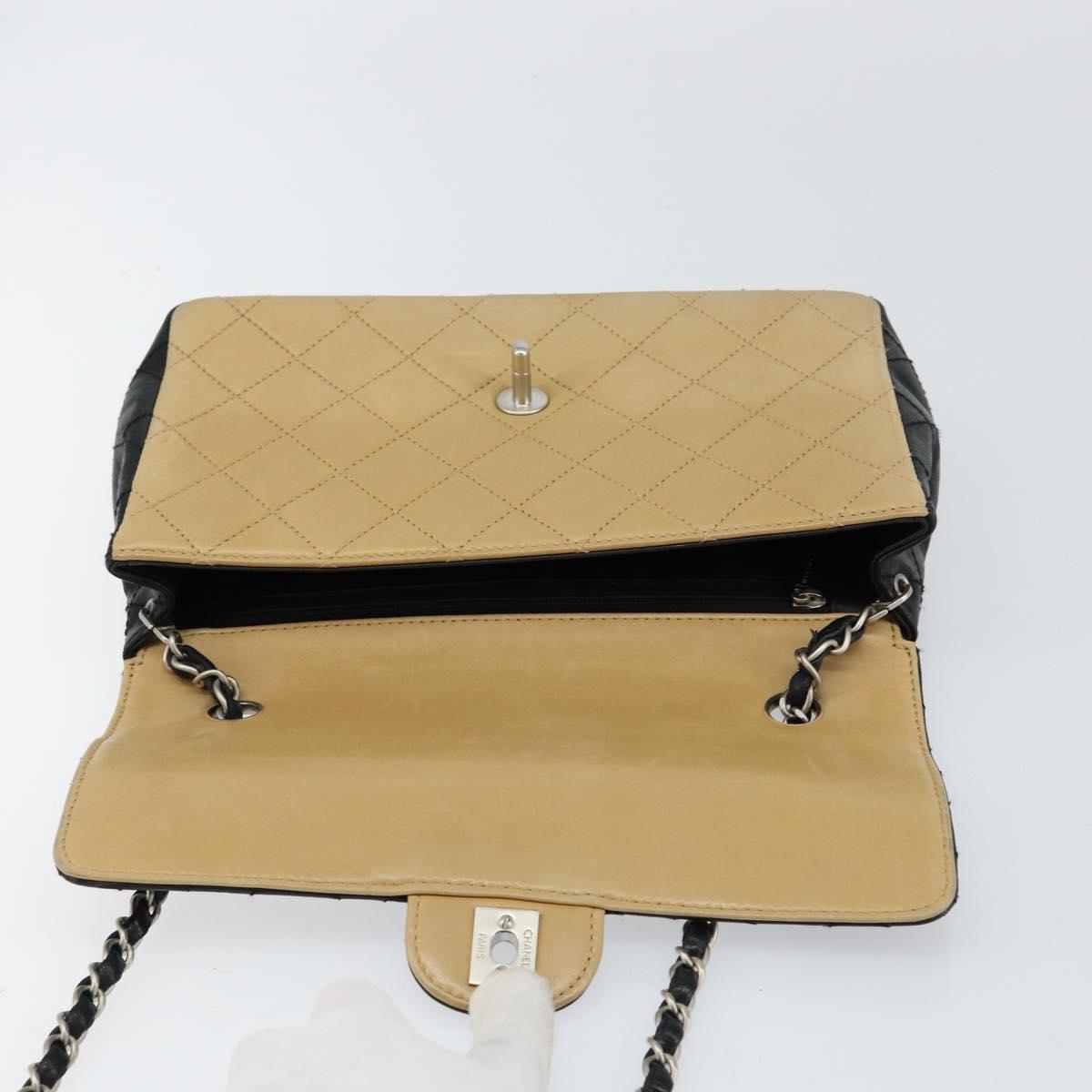 CHANEL Matelasse Chain Shoulder Bag Lamb Skin Beige Black CC Auth BA8256