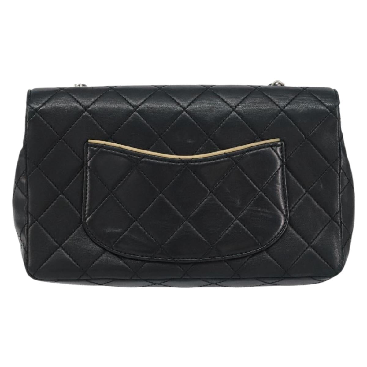 CHANEL Matelasse Chain Shoulder Bag Lamb Skin Beige Black CC Auth BA8256
