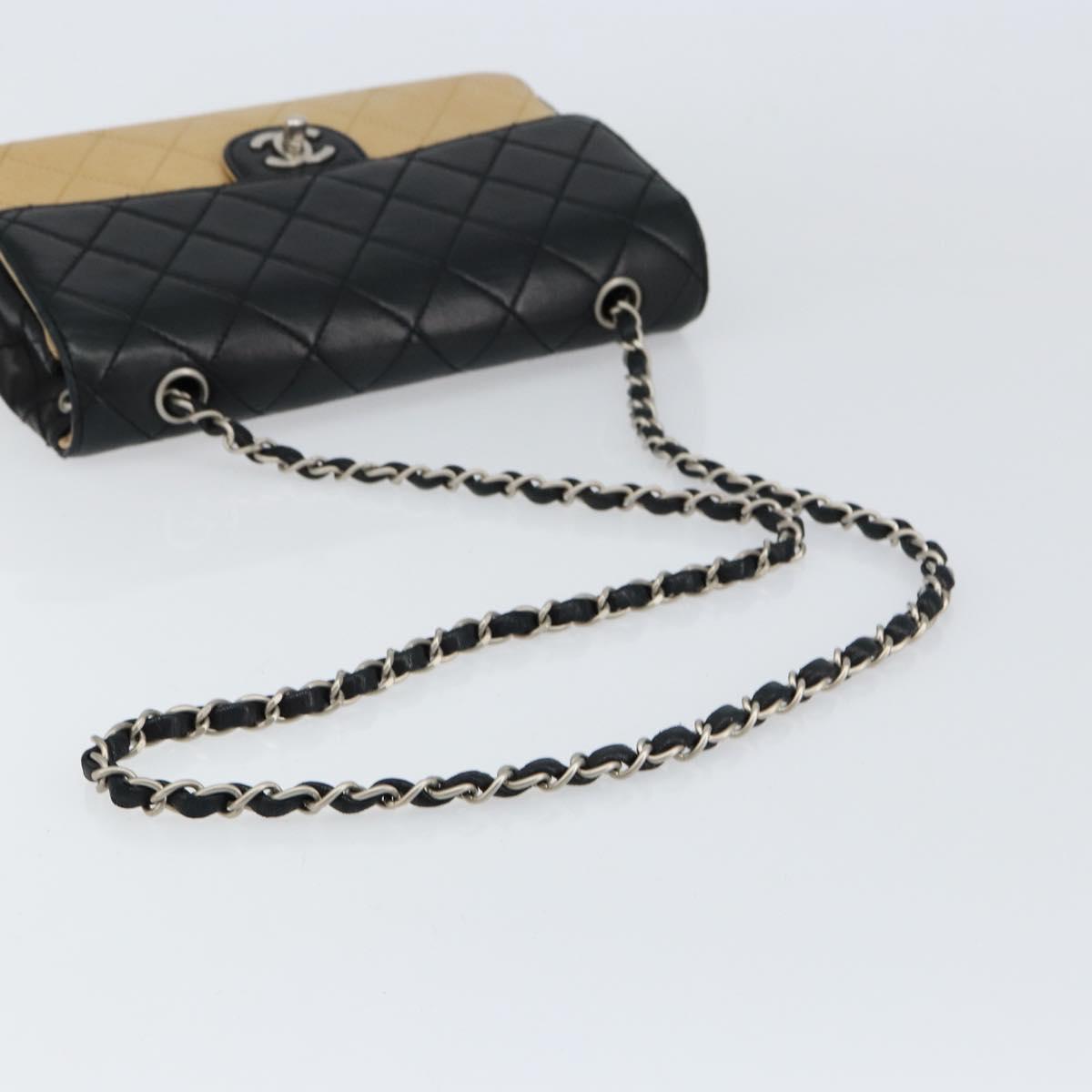 CHANEL Matelasse Chain Shoulder Bag Lamb Skin Beige Black CC Auth BA8256
