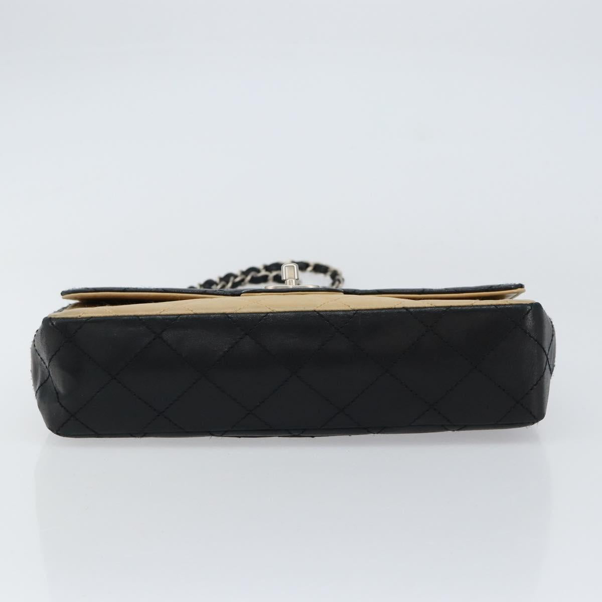 CHANEL Matelasse Chain Shoulder Bag Lamb Skin Beige Black CC Auth BA8256