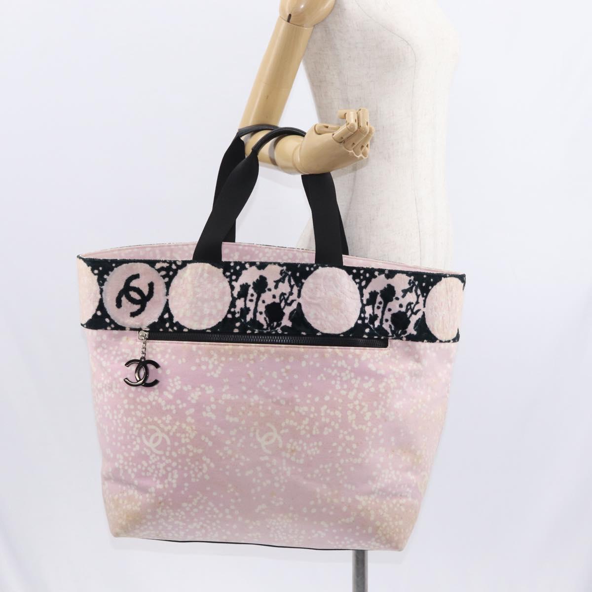 CHANEL High Summer Tote Bag Canvas Leather Pink Silver CC Auth BA8259