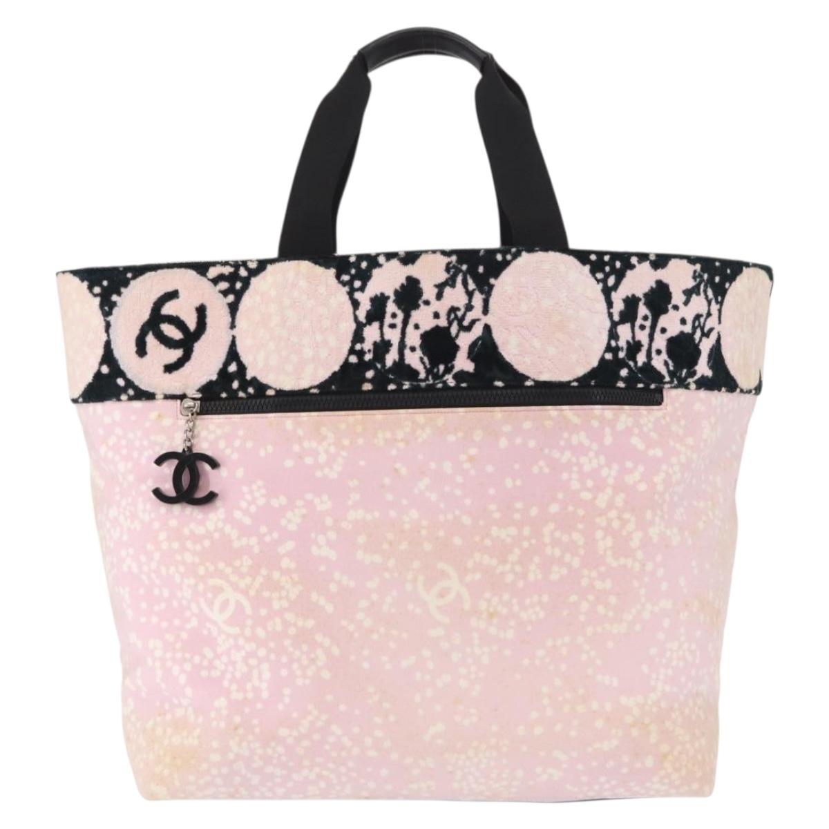 CHANEL High Summer Tote Bag Canvas Leather Pink Silver CC Auth BA8259