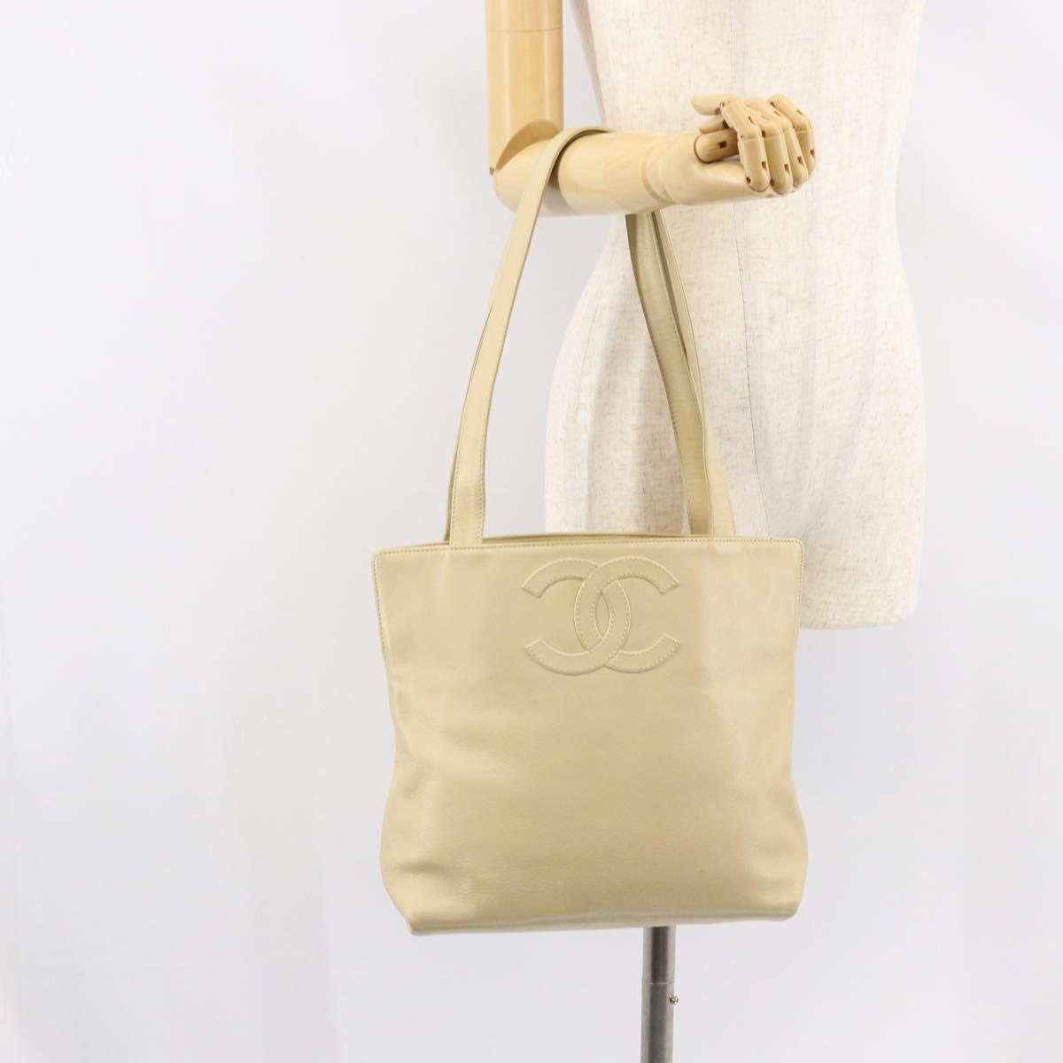 CHANEL Tote Bag Lamb Skin Beige Gold CC Auth BA8261
