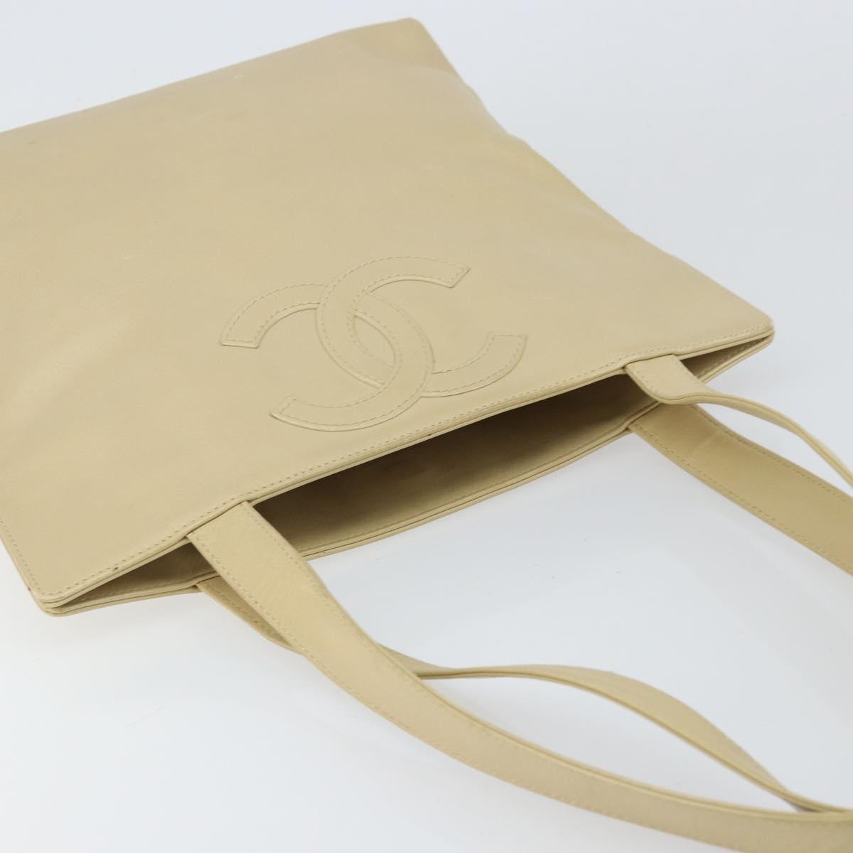 CHANEL Tote Bag Lamb Skin Beige Gold CC Auth BA8261