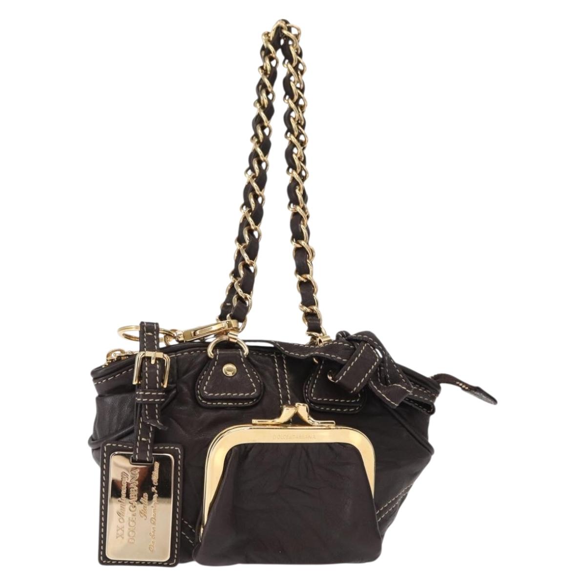 DOLCE&GABBANA Chain Shoulder Bag Leather Brown Gold Auth BA8263