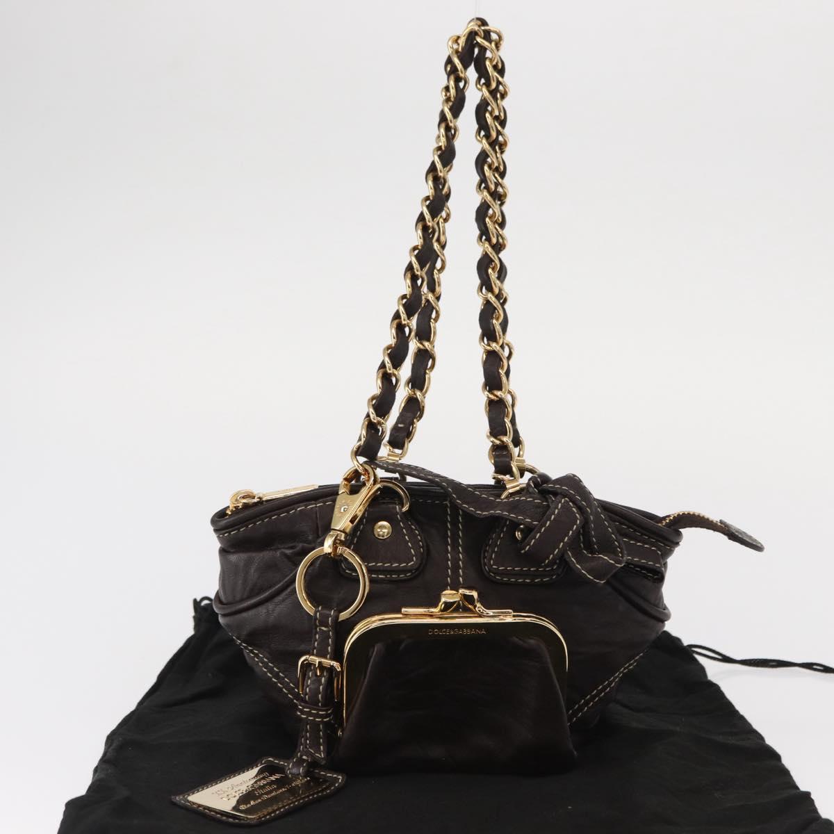 DOLCE&GABBANA Chain Shoulder Bag Leather Brown Gold Auth BA8263