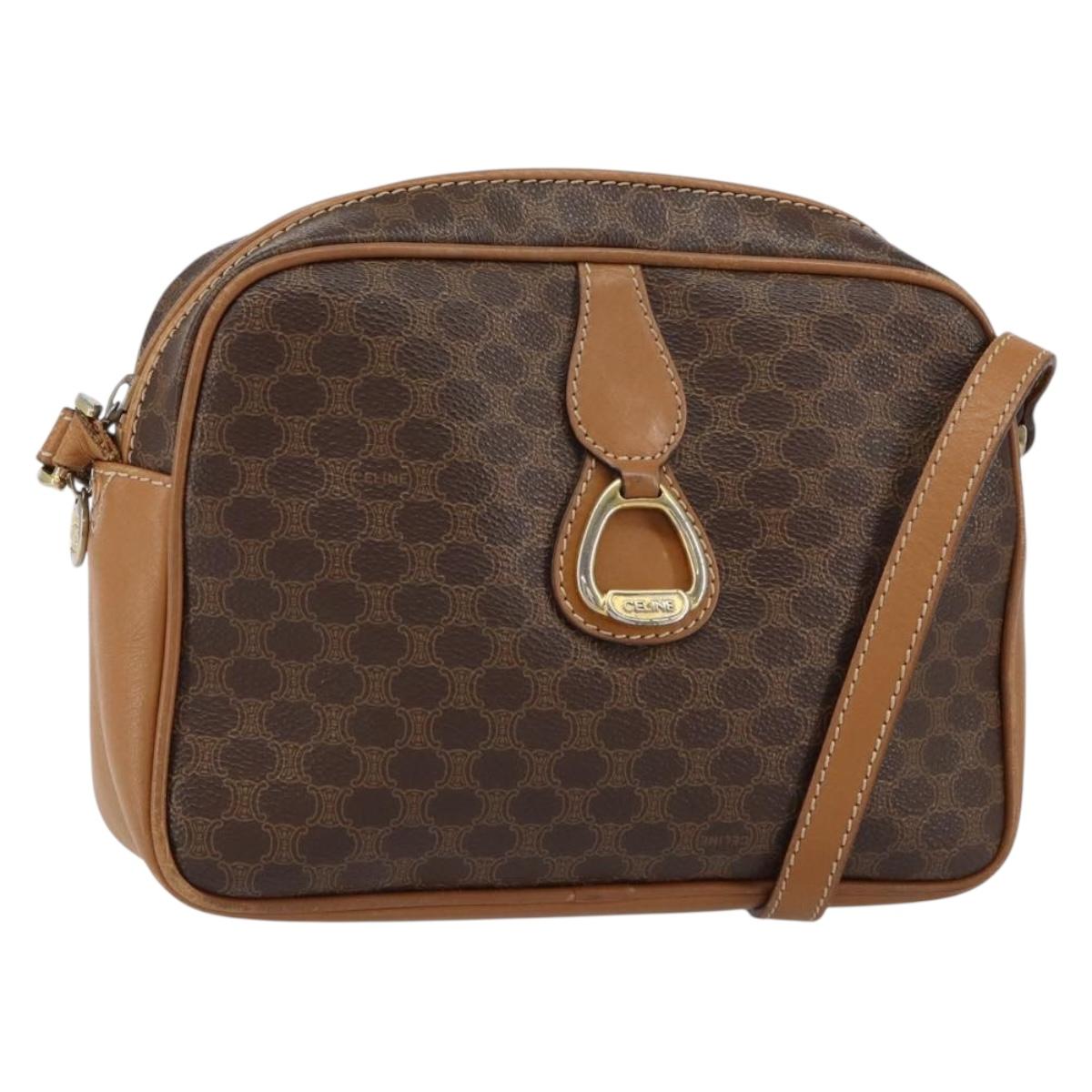 CELINE Macadam Canvas Shoulder Bag PVC Leather Brown Gold Auth BA8388