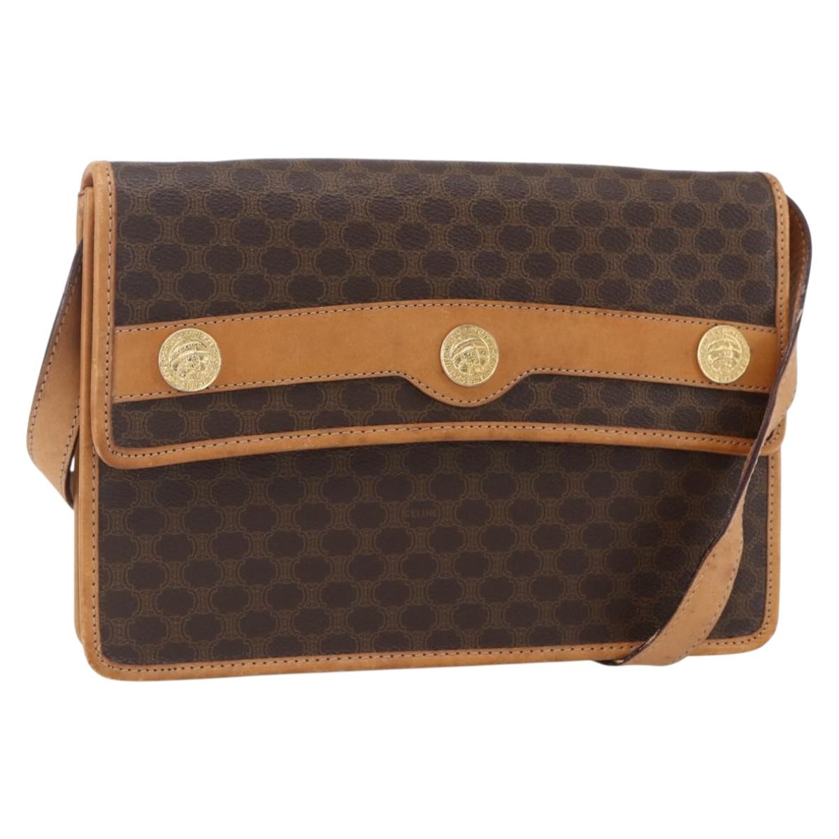 CELINE Macadam Canvas Shoulder Bag PVC Leather Brown Gold Auth BA8389