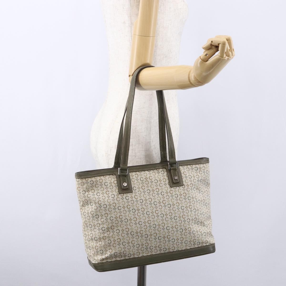 CELINE C Macadam Canvas Tote Bag Green Silver Auth BA8391